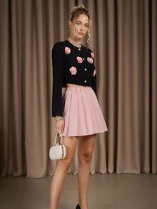 2pcs Women's Set: Black Jacket Paired With Pink Pleated Skirt, Adorned With 3D Pink Floral Decor, Elegant & Romantic Daily Wear