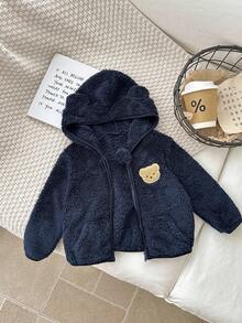 SHEIN 男婴幼儿新生儿0-3岁可爱休闲日常百搭泰迪熊刺绣羊毛连帽夹克 - 藍色 - 查看 3