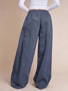 SHEIN BAE 女士秋冬休闲格子印花弹力抽绳宽松裤，格子长裤，慢跑裤，冬季长裤，阔腿裤，格子阔腿裤，女士冬季，感恩节女士，圣诞节女士，舒适秋冬女士 - 藏蓝色 - 查看 2