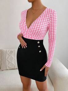 EMERY ROSE Women's Houndstooth Patchwork V-Neck Long Sleeve Button Design Fitted Elegant Dress - Pink - View 6