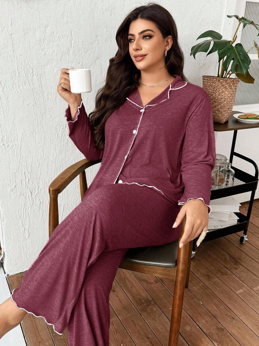 SHEIN 大码女式超柔软垂坠薄针织面料翻领开襟荷叶边长袖上衣和裤子套装，休闲宽松外套两件套，秋冬服装，舒适保暖 - 紅色 - 查看 1