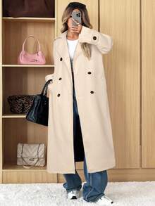 SHEIN EZwear 女式杏色立领双排扣休闲大衣，秋冬 - 杏色 - 查看 7