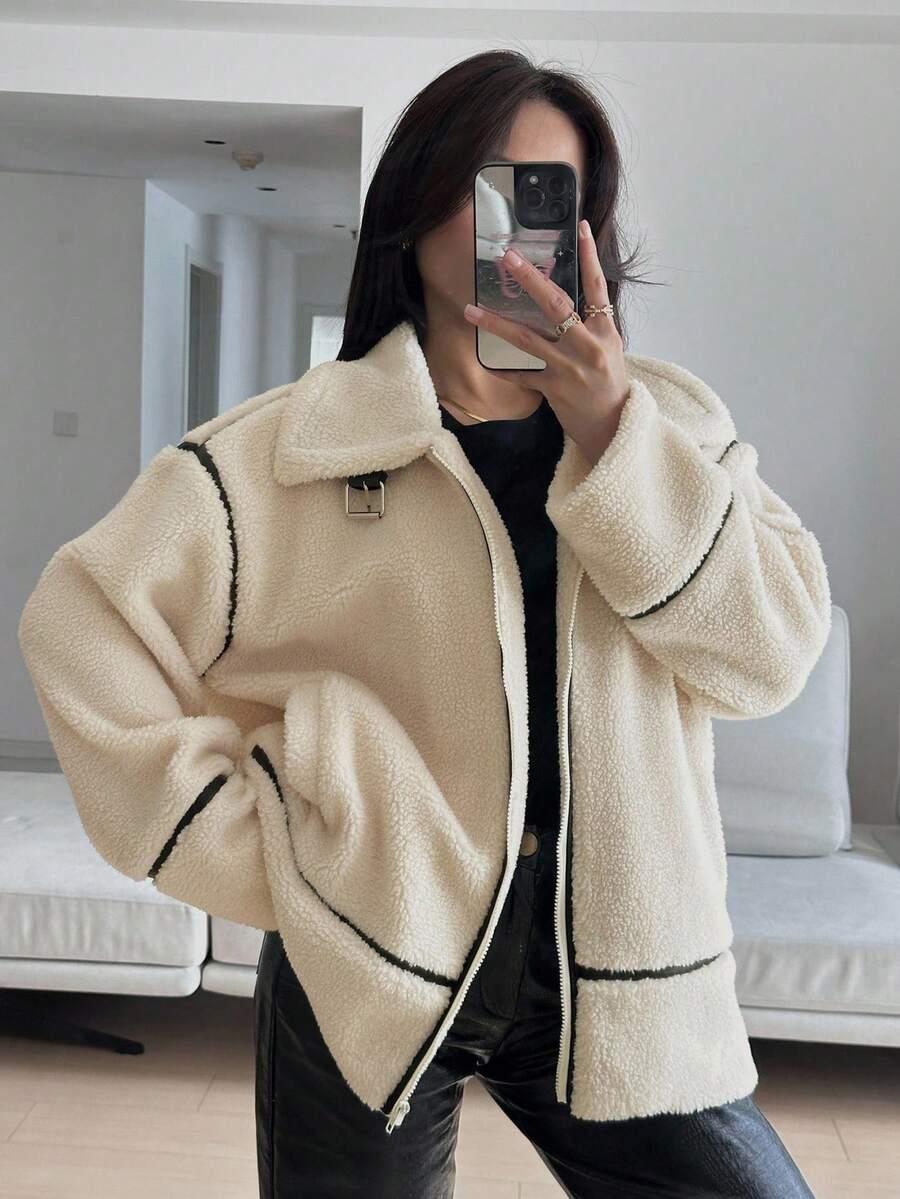 Livesso Autumn/Winter New Loose Casual Faux Shearling Motorcycle Jacket For Women Coats - Beige - View 1