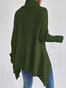 EMERY ROSE Women's Solid Color High Neck Dropped Shoulder Long Sleeve Asymmetric Hem Casual Pullover Sweater, Autumn/Winter - Army Green - View 2