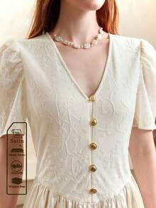 SHEIN LUNE Vestido de satén con cuello en V, mangas abullonadas, cintura con lazo y bajo plisado con hebilla dorada, estilo vintage elegante para ocasiones formales, vestido maxi para primavera/verano, vestidos de verano para mujer, vestidos de cumpleaños para mujer, vestidos formales para mujer, vestidos blancos elegantes y clásicos, estilo de mujer de dinero antiguo, vestido fluido, vestidos modestos para mujer, Fairycore, vestidos para fiestas de mujer, vestidos sexy para mujer, vestidos de verano para vacaciones, atuendo todo blanco para mujer, vestidos para eventos de boda, vestidos formales para invitados de boda - Albaricoque - Ver 1
