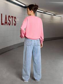 SHEIN Explorewe 2pcs/Set Teen Girl Bow Print Sweatshirt & Embroidered Straight Leg Pants Outfit, Casual Clothes,Holiday,Summer,Travel - Pink - View 2