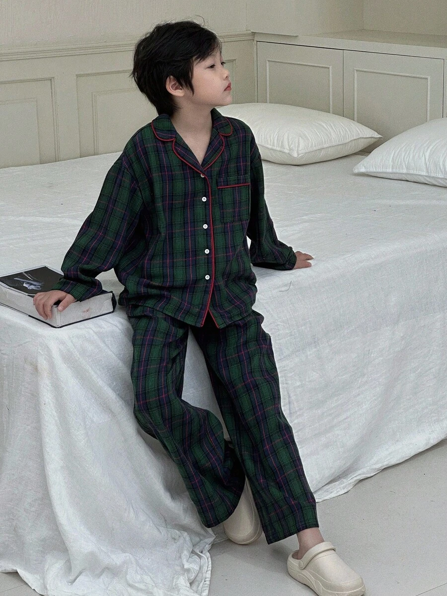 DAZY 青少年男孩格子翻领长袖单排扣上衣和裤子睡衣套装秋冬 - 墨綠色 - 查看 1