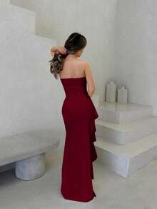 Jemour Women Summer Wedding Bridesmaid Sleeveless Strapless Sexy Ruched Split Ruffled High Slit Wrap Dress, White - Burgundy - View 2