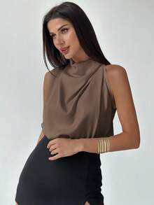 Firerie 女士优雅时尚新款通勤办公室日常度假音乐节不对称褶皱杏色衬衫，春夏 - 棕色 - 查看 1