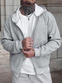 Manfinity CasualCool Ropa casual esencial para hombres, tela con textura y patrón cruzado, gran regalo para novio o esposo, sudadera con capucha con cremallera de punto de gofre gris para hombres, sudadera con capucha con cremallera, ropa de otoño para exteriores para hombres, ropa de hombre para otoño 2025 - Gris Claro - Ver 1