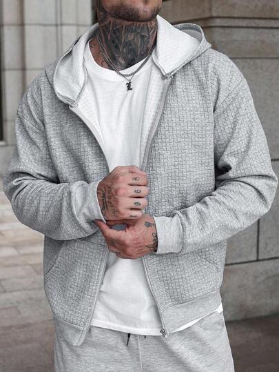Manfinity CasualCool 男士基本休闲装，纹理十字图案面料，送给男朋友或丈夫的绝佳礼物，男士拉链连帽衫，华夫格针织拉链连帽衫，灰色华夫格连帽衫，男士拉链夹克，腰带连帽衫，男士秋季户外服装，2025 秋季男士服装