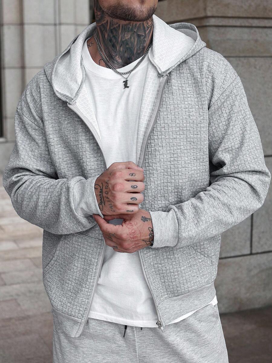 Manfinity CasualCool Ropa casual esencial para hombres, tela con textura y patrón cruzado, gran regalo para novio o esposo, sudadera con capucha con cremallera de punto de gofre gris para hombres, sudadera con capucha con cremallera, ropa de otoño para exteriores para hombres, ropa de hombre para otoño 2025 - Gris Claro - Ver 1