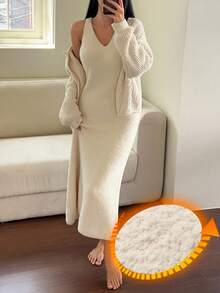 DAZY Set de 2 piezas de vestido y ropa de estar en casa de punto de unicolor para mujer, ropa de otoño/invierno, pijama, conjunto cómodo con forro polar