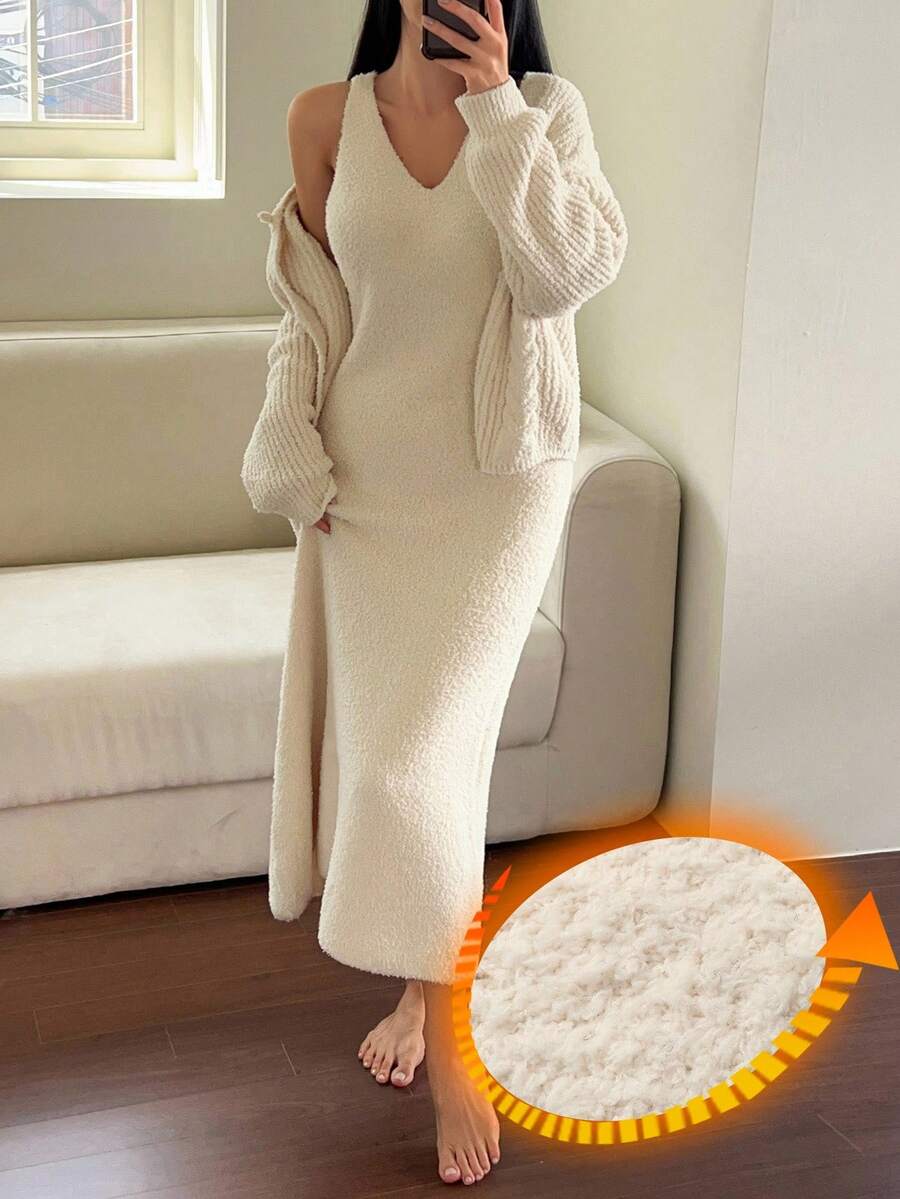 DAZY Set de 2 piezas de vestido y ropa de estar en casa de punto de unicolor para mujer, ropa de otoño/invierno, pijama, conjunto cómodo con forro polar