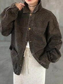 FRIFUL 女式豹纹休闲牛仔夹克，长袖，单排扣，秋季 - 棕色 - 查看 5