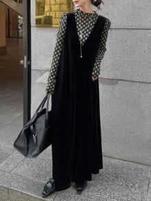 FRIFUL 女式天鹅绒宽松阔腿裤，休闲都市风格连体裤，秋季 - 黑色 - 查看 5