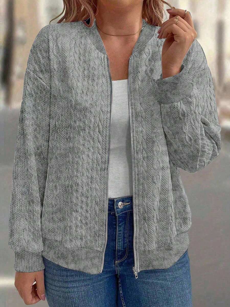 Plus Size Women 3D Textured Comfortable Zipper Jacket - Light Grey - View 1