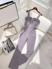 Franclia 黑色修身连体裤，饰有优雅荷叶边和拉链，适合大学生穿着。 - 淺灰紫 - 查看 1