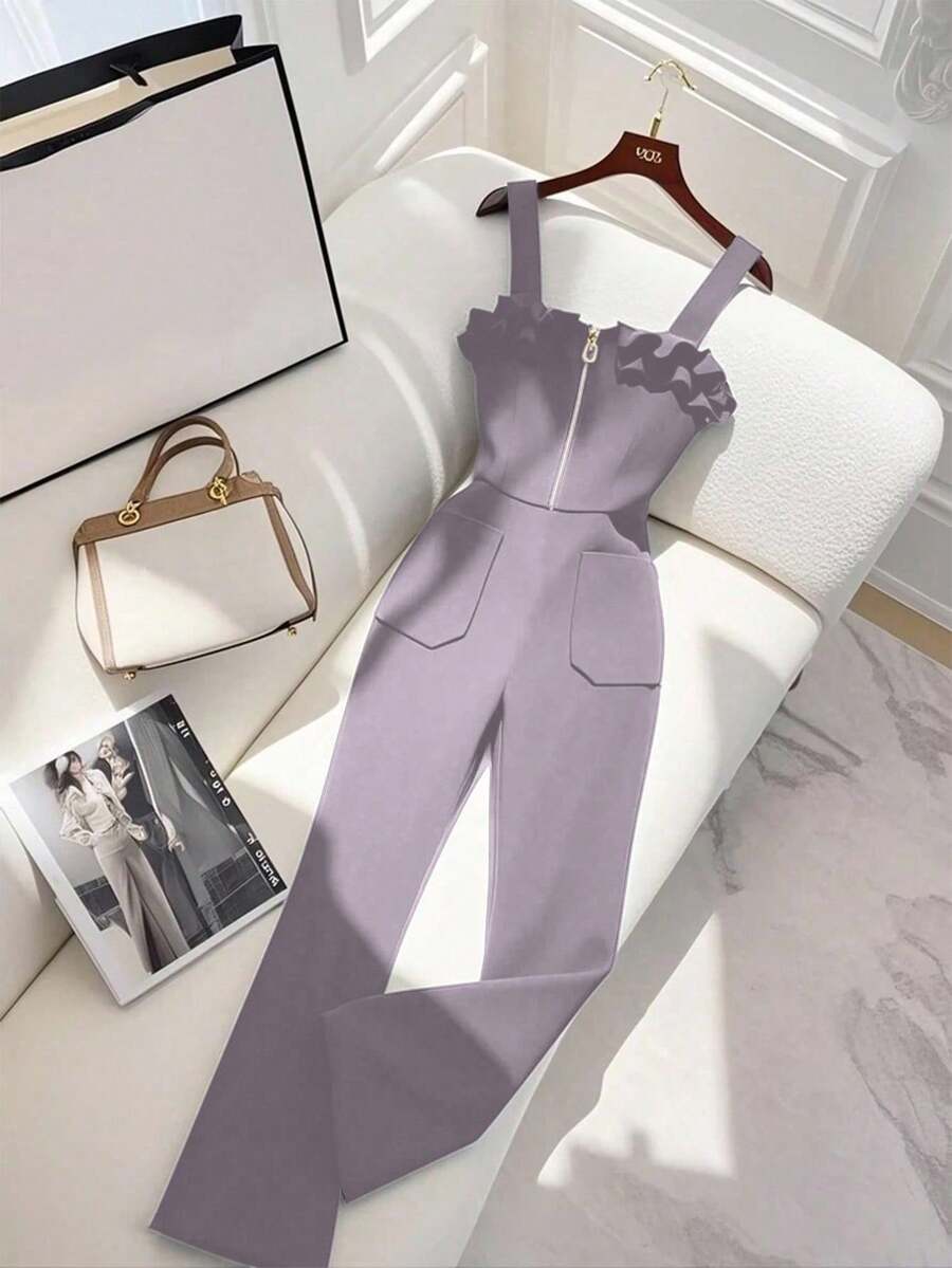 Franclia 黑色修身连体裤，饰有优雅荷叶边和拉链，适合大学生穿着。 - 淺灰紫 - 查看 1