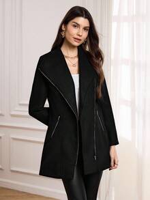 Miaspire Waterfall Collar Zip Up Overcoat - Black - View 4