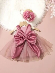 SHEIN 2 件套新生儿女童珍珠风格连衣裙配玫瑰花头带婴儿拍照服装婴儿 1 个月 100 天拍照服装 - 紅色 - 查看 7