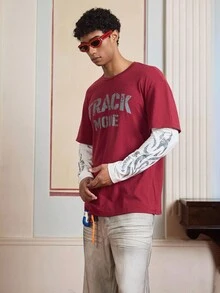 SWAVVY Men's Letter Print Round Neck Red Long Sleeve 2 In 1 T-Shirt, For Fall - Burgundy - View 1