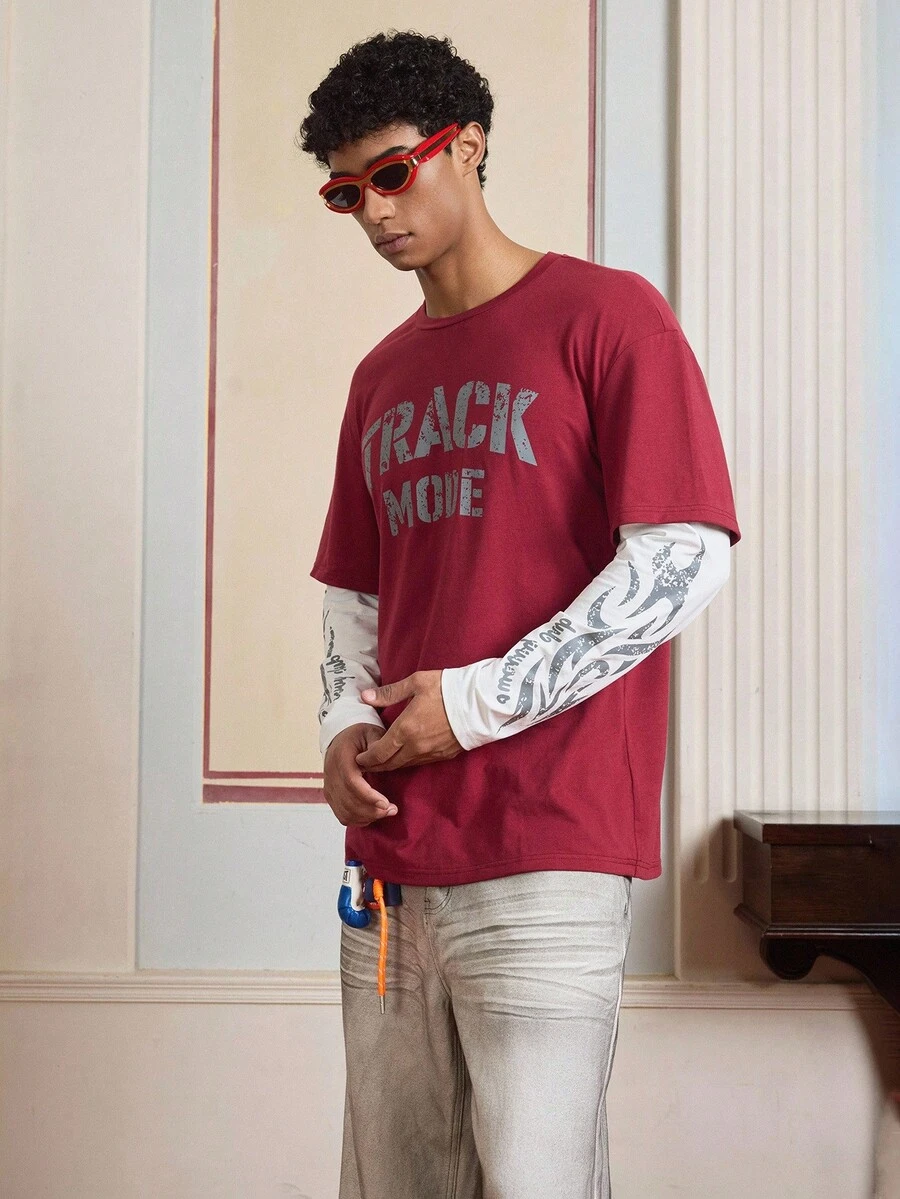 SWAVVY Men's Letter Print Round Neck Red Long Sleeve 2 In 1 T-Shirt, For Fall - Burgundy - View 1