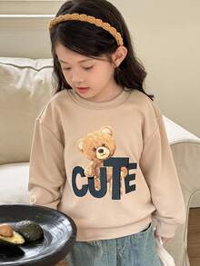 SHEIN 秋冬款少女休闲熊与字母图案圆领套头衫 - 卡其色 - 查看 1