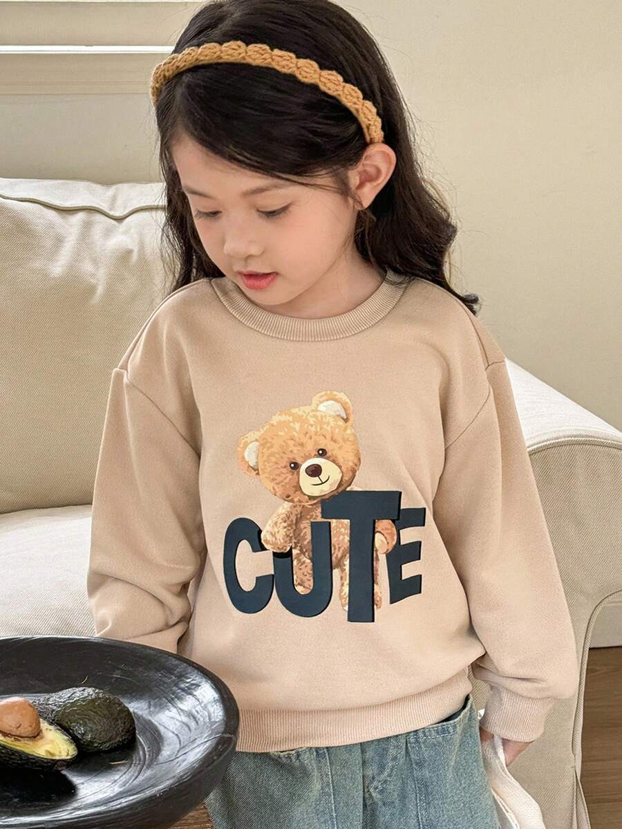 SHEIN 秋冬款少女休闲熊与字母图案圆领套头衫 - 卡其色 - 查看 1