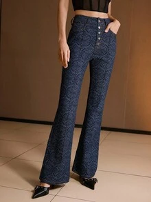 MOTF PREMIUM BUTTON FRONT FLARE LEG JEANS - Blue - View 4