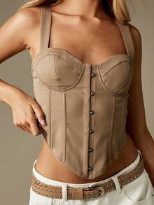 MISSGUIDED Structured Corset Tank Top With Silver Button Details Sweetheart Neckline Crop - Khaki - View 4
