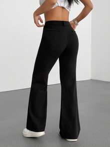 Flirla Petite 1 件女士黑色针织弹力面料低腰修身喇叭裤，通勤休闲装，春秋季 - 黑色 - 查看 2