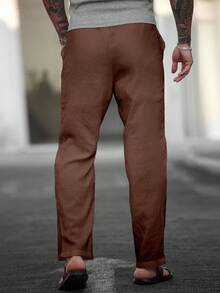 Manfinity Homme Men's Solid Color Waist Tie Pocket Straight Leg Casual Pants, For Fall - Camel - View 2