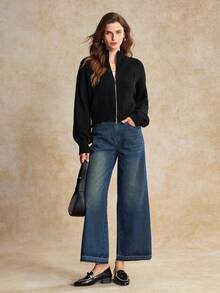 House of One Zip-Up Mock Neck Oversized Black Sweater Women Casual Autumn Winter