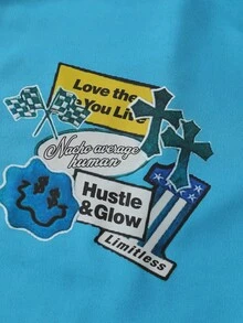 ROMWE MEN Street Life Men's Drawstring Waist American Street Letter Print Flared Sweatpants - Cadet Blue - View 5