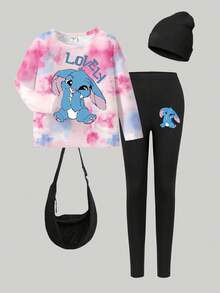 SHEIN 2 件套幼儿女童休闲卡通蓝色兔子扎染数码印花圆领长袖 T 恤和紧身裤套装，可爱返校秋季服装 - 彩色 - 查看 2