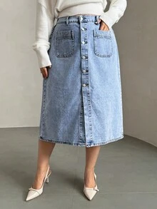 SHEIN Privé 大码女式单排扣双口袋休闲牛仔裙 - 淺色水洗藍 - 查看 3