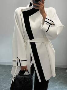 Elenzga Tie-Up Colorblock Elegant & Sophisticated Women's Regular Jacket Trench Coat - Multicolor - View 7