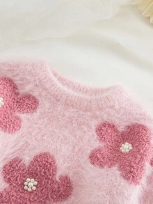 SHEIN Vintaside Kids Young Girl Casual, Fashionable And Cute Pink Faux Mink Knitted Round-Neck Middle Eastern Long-Sleeved Sweater, Soft And Comfortable, Suitable For Daily Scenes, Suitable For Scenes, Suitable For Travel Scenes, Suitable For Vacation Scenes, Suitable For Home Scenes, Suitable For Nursery Scenes, Suitable For Autumn And Winter, Christmas, School Opening, Party, Versatile Autumn And Winter Clothing, Festival