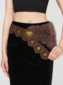 ROMWE J-Fashion 1 件棕色心形毛绒装饰金属配件，波西米亚西部风格装饰，适合连衣裙、牛仔裤、百搭日常穿着 - 棕色 - 查看 6