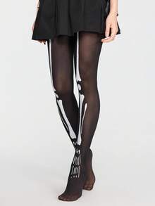 ROMWE Grunge Punk 1 Pair Gothic Style Skeleton Black Tights - Black - View 3