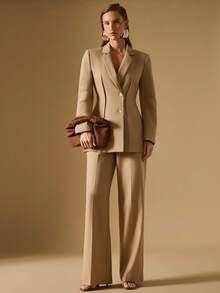 Briarwyn Áo khoác blazer cổ ve lật thanh lịch thời trang dành cho nữ, cài một hàng khuy - Màu Khaki - Xem 2