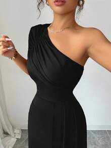 Elenzga New Arrival Women's Asymmetric Neck Ruffle Hem Asymmetrical Design Vacation Casual Cinched Waist Elegant Lady Dress