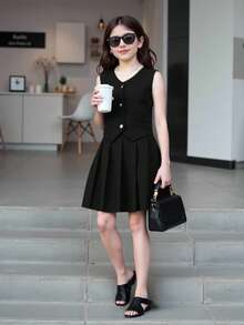 SHEIN Conjunto de dos piezas de niña preadolescente con top sin mangas con volantes y falda elegante