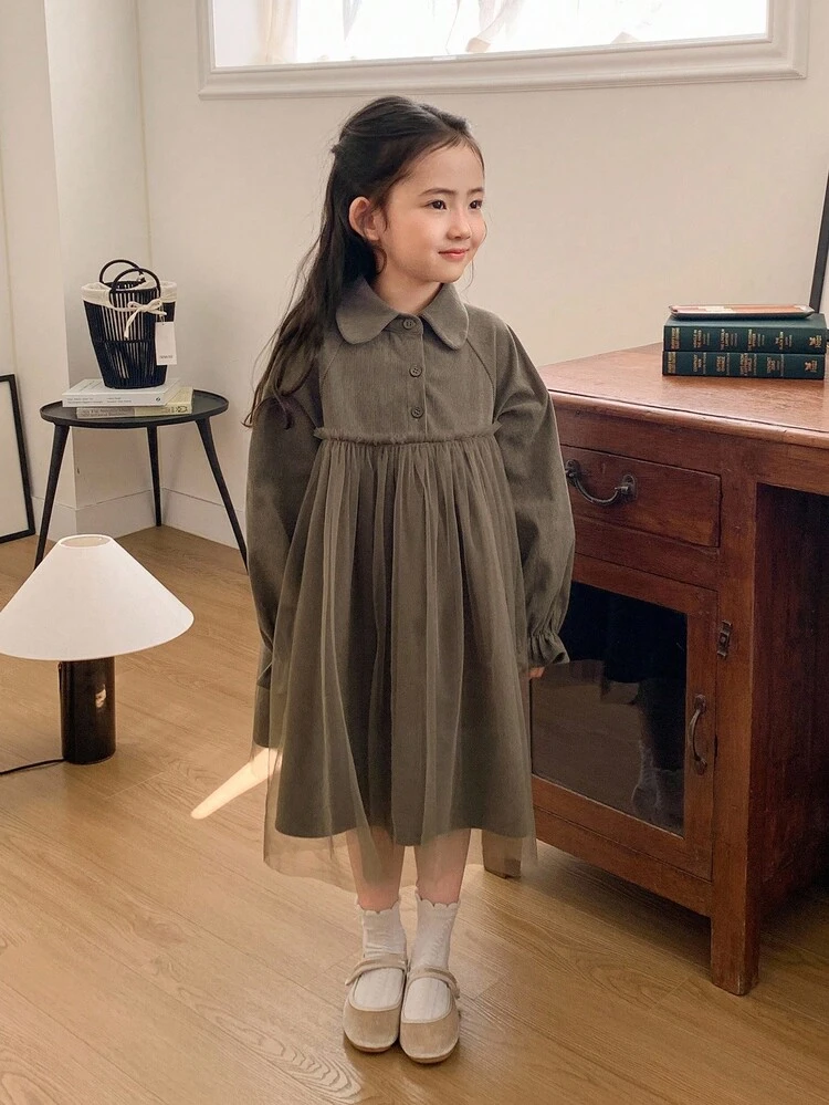 Young Girl Casual Solid Color Mesh Patchwork Dress, Autumn