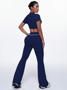 Dewbera 女式圆领短袖短款T恤和喇叭裤运动套装健身套装 - 藏蓝色 - 查看 2