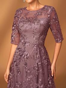 Serin Elegant Luxurious Gray Lace V-Neck Sheer Short Sleeve A-Line Dress With Embroidered Rhinestone Beads, Suitable For Weddings, Parties, Vacations, Galas, Evening Events, Mother Of The Bride Dress, Valentine's Day - Dusty Pink - View 1