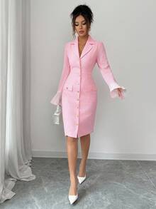 Elenzga 女士优雅撞色网眼喇叭袖翻领单排扣修身连衣裙 - 粉色 - 查看 3