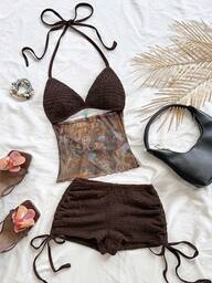 Soleia Women's Vintage Vacation V-Neck Halter Backless Tie-Up Fitted Contrast Color Top And Low Waist Ruched Drawstring Shorts 2 Pieces Set, Suitable For Party, Christmas, Date, Nightclub, Beach, Cruise, Afternoon Tea, Bohemian, Boho, Vacation, Fall