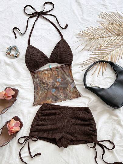 Soleia Women's Vintage Vacation V-Neck Halter Backless Tie-Up Fitted Contrast Color Top And Low Waist Ruched Drawstring Shorts 2 Pieces Set, Suitable For Party, Christmas, Date, Nightclub, Beach, Cruise, Afternoon Tea, Bohemian, Boho, Vacation, Fall